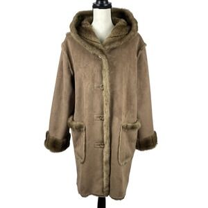 Dennis‎ Basso Women's Reversible Coat Large Brown Faux Fur Hooded Button Front